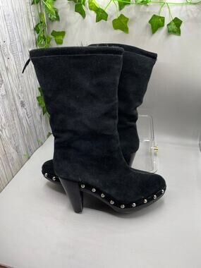 Micheal Kors Silver Studded Suede Fur Lined Black Pull-On Clog Boots Size 6 Med